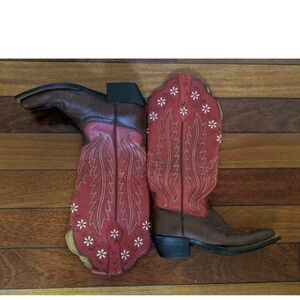 Ariat Women's Cowboy Western Boots Red Leather Floral Embroidered Square Toe 6B